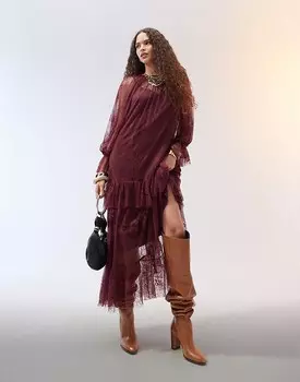Бордовое платье макси Bardot с рюшами ASOS DESIGN