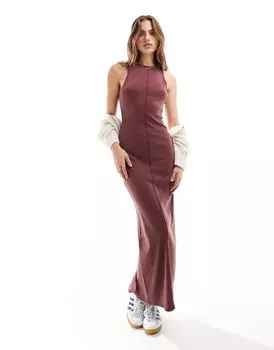 Бордовое платье макси с эффектом потертости спереди и швами ASOS DESIGN