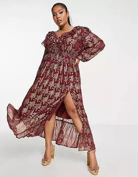 Бордовое платье макси с металлизированной талией и оборками ASOS DESIGN Curve