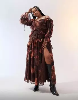 Бордовое платье макси с открытыми плечами и оборками ASOS DESIGN Curve