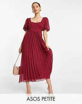 Бордовое платье миди добби со складками и отделкой фестонами ASOS DESIGN Petite