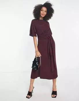 Бордовое платье миди с воротником-хомутом и завязкой на талии ASOS