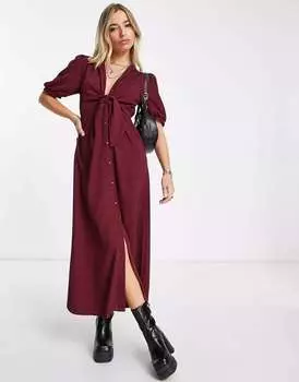 Бордовое платье миди с завязкой спереди на пуговицах ASOS