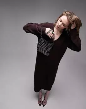 Бордовое трикотажное платье макси с v-образным вырезом Topshop