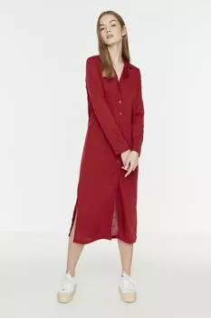Бордовое трикотажное платье с пуговицами THMAW22EL1652 Trendyol, бордовый