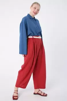 Бордовые свободные брюки-шалвар из 100 % хлопка с поясом и эластичной резинкой на талии ALL DAY