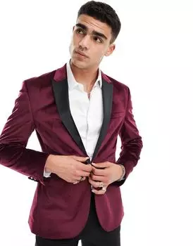 Бордовый бархатный пиджак-смокинг скинни ASOS DESIGN