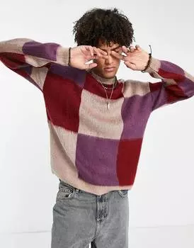 Бордовый и бежевый пушистый джемпер в шахматную клетку ASOS DESIGN