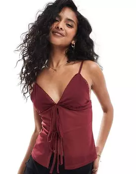 Бордовый сетчатый топ с кружевной отделкой ASOS DESIGN