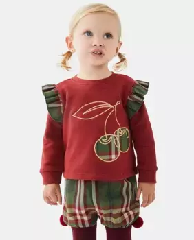 Бордовый свитшот для девочки с вышивкой вишни и клетчатыми деталями Dadati