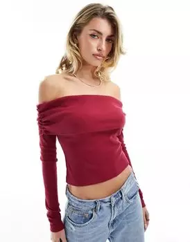 Бордовый топ со сборками и открытыми плечами ASOS