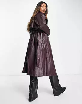 Бордовый тренч из искусственной кожи Bershka