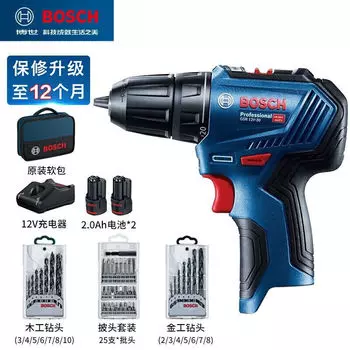 Дрель аккумуляторная Bosch GSR 12V-30 + сверла, два аккумулятора 2.0Ah, зарядное устройство, сумка