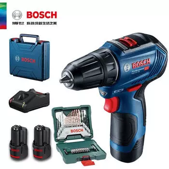 Электродрель Bosch GSR12V-30 + два аккумулятора, зарядное устройство, набор инструментов