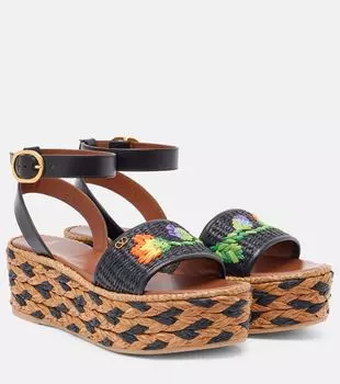 Босоножки-эспадрильи Bribri на клиньях из рафии Valentino Garavani, Nero/Nero/Tobacco-Nero