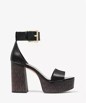 Босоножки из кожи и логотипа на платформе Michael Michael Kors Tara Leather and Logo Platform, черный/коричневый