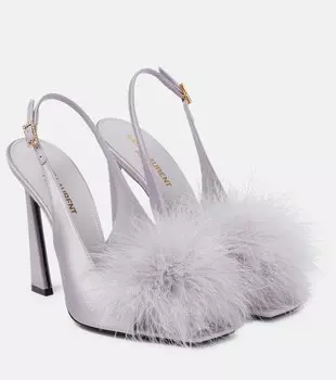 Босоножки Mae 110 с ремешком на пятке и перьями Saint Laurent, серый