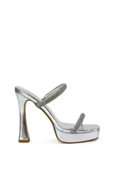 Босоножки-мулы на платформе и каблуке 'Verony' со стразами и ремешками XY London, серебро