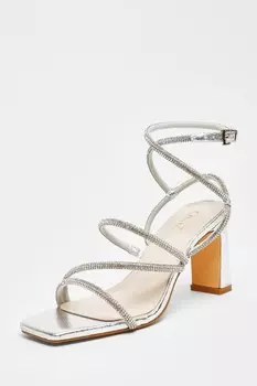 Босоножки на блочном каблуке с ремешками и стразами Silver Diamante QUIZ Clothing