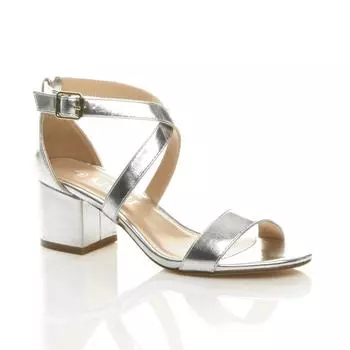 Босоножки на каблуке из искусственной кожи со скрещенными ремешками на среднем блочном каблуке AJVANI, серебро