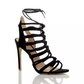 Босоножки на каблуке из искусственной замши на высоком каблуке со шнуровкой и ремешками AJVANI, черный