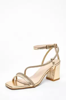 Босоножки на каблуке из золотистого атласа со стразами QUIZ Clothing