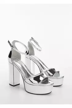 Босоножки на каблуке с эффектом металлик Mango, серебряный