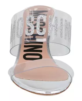Босоножки на каблуке с блестящим логотипом Moschino, цвет Transparent Silver