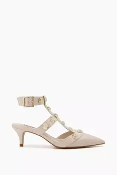 Босоножки на каблуке с открытой пяткой и крупными заклепками Calipo натурального цвета Dune London