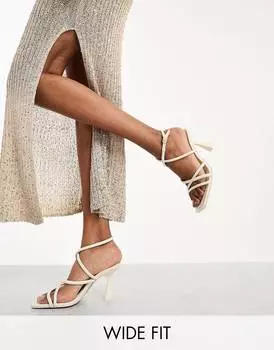 Босоножки на каблуке с ремешками и квадратным носком Stradivarius Wide Fit, бежевый