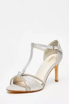 Босоножки на каблуке с серебристым блеском и Т-образным ремешком QUIZ Clothing