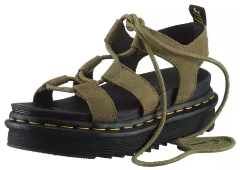 Босоножки на платформе DR. MARTENS "Nartilla Hydro", летняя обувь, босоножки, каблук-платформа, с изысканной шнуровкой, оливковый