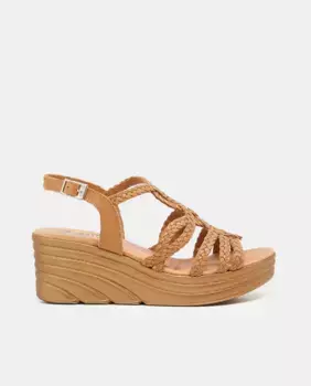 Босоножки на танкетке из плетеной кожи 24HRS, коричневый