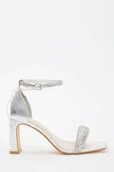 Босоножки на высоком каблуке из полиуретана с ремешками украшенными стразами Quiz, серебряный