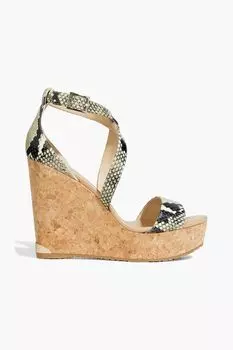 Босоножки Portia 120 на танкетке из кожи со змеиным эффектом JIMMY CHOO, животный принт