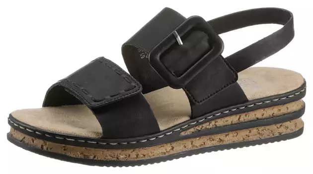 Босоножки Rieker на танкетке, летняя обувь, босоножки, танкетка, с модной декоративной застежкой, черный