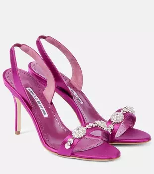 Босоножки с открытой пяткой из атласа с отделкой Lamisan Manolo Blahnik, цвет 6520 dpnk