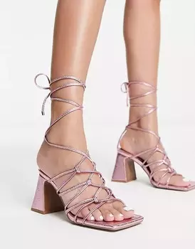 Босоножки с завязками ASOS DESIGN Helene Block Heeled, розовый металлик