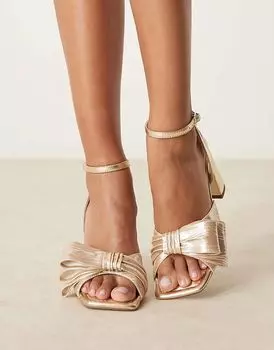 Босоножки Wide Fit Halo на среднем каблуке с бантом бледно-золотистого цвета ASOS DESIGN