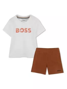 BOSS Kidswear комплект из футболки и шортов с логотипом, коричневый
