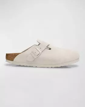 Бостонские замшевые шлепанцы с пряжкой BIRKENSTOCK, цвет Antique White