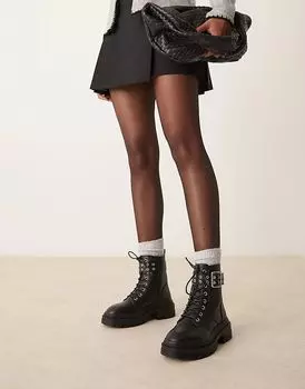 Ботильоны на шнуровке с двойной пряжкой черного цвета New Look