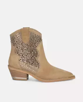 Ботильоны женские из кожи на плоской подошве с ажуром и блестками Alma en Pena, светло-коричневый