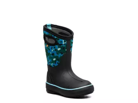 Ботинки Bogs Classic II Rain Boot - детские, черные, с цветочным принтом