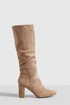 Ботинки до колена на блок-каблике с мешком Boohoo, серо-коричневый