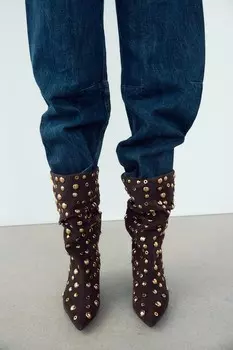 Ботинки из замши с заклепками ZARA, коричневый