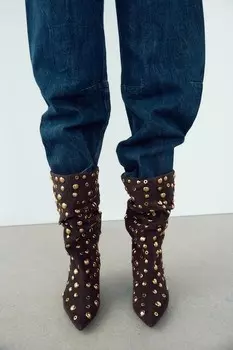 Ботинки из замши с заклепками ZARA, коричневый