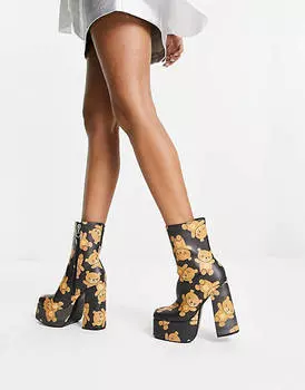 Ботинки на каблуке на платформе KOI Teddy с принтом в виде медведя