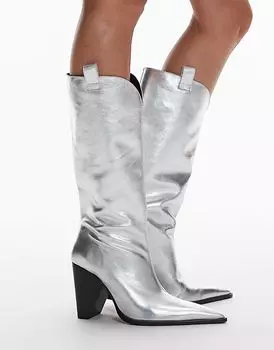 Ботинки в стиле вестерн на каблуке из кожи премиум-класса Remy серебристого цвета Topshop