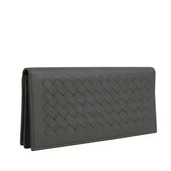 Bottega Veneta Мужской Длинный Кожаный Плетеный Кошелек Двойного Сложения Intercciaco, серый
